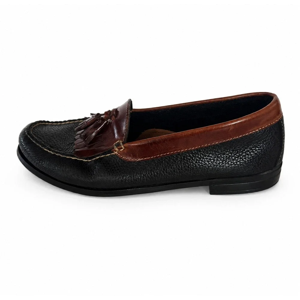 Bass Weejuns Kiltie Tassel Loafers Men 9.5 Black Brown Pebbled Leather Slip On